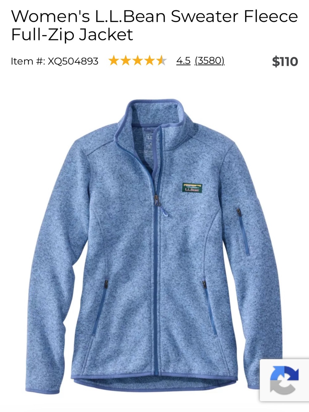 L.L. Bean Light Blue Women's Sweater Fleece Full-Zip Jacket